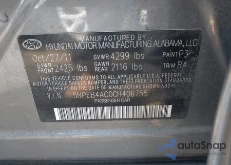 2012 Hyundai Sonata Gls из США, поврежденный, VIN 5NPEB4AC0CH406755